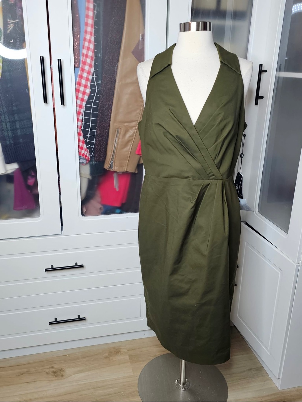 Adrianna Papell Sleeveless Olive Green Wrap-Style Women's Dress